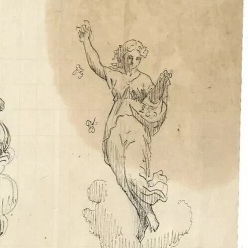 19th century Two Sculpture Women, Goddess Antique Ink Drawing Artwork - 5