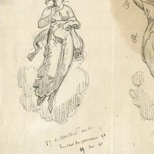 19th century Two Sculpture Women, Goddess Antique Ink Drawing Artwork - 6