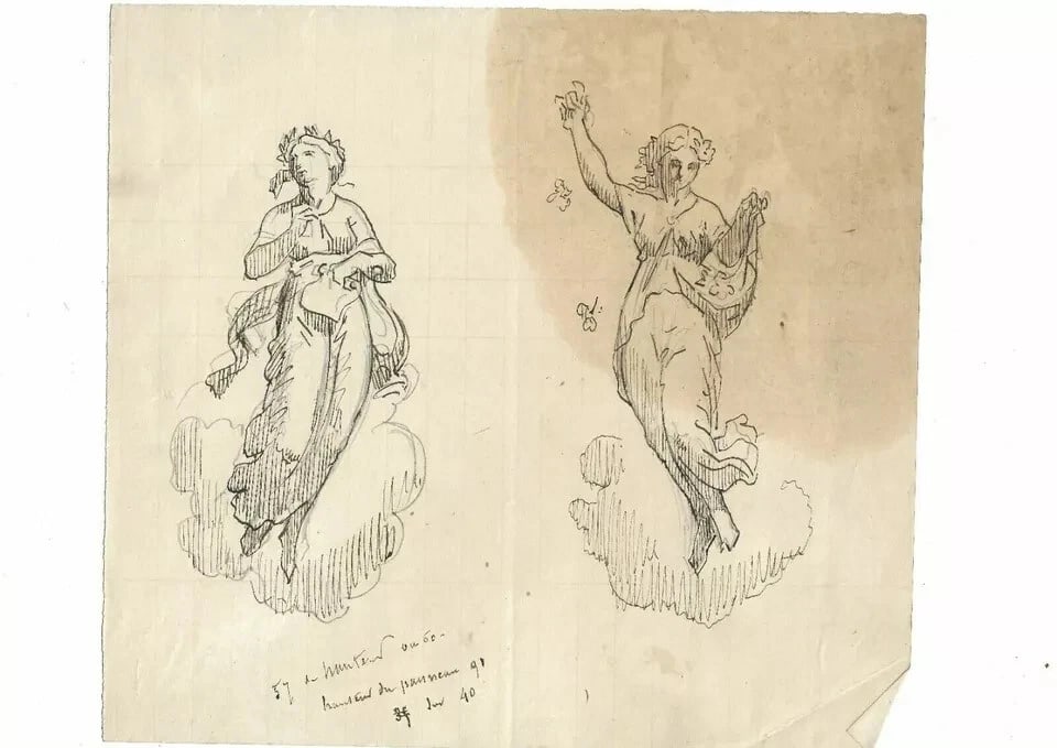 19th century Two Sculpture Women, Goddess Antique Ink Drawing Artwork - 7