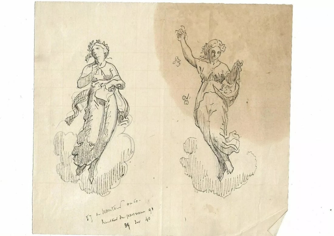 19th century Two Sculpture Women, Goddess Antique Ink Drawing Artwork - 8