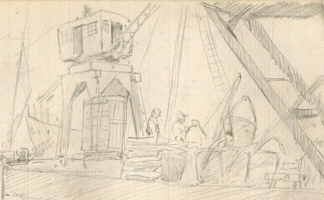 People, Port, Crane, Maritime, Sailors, Seascape Drawing Vintage Pencil Original (1 of 9)