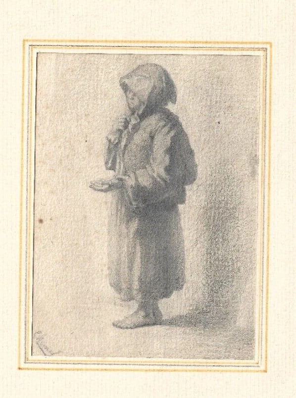 19th century Character, Beggar, Genre Scene - Drawing Vintage Pencil Original (1 of 9)
