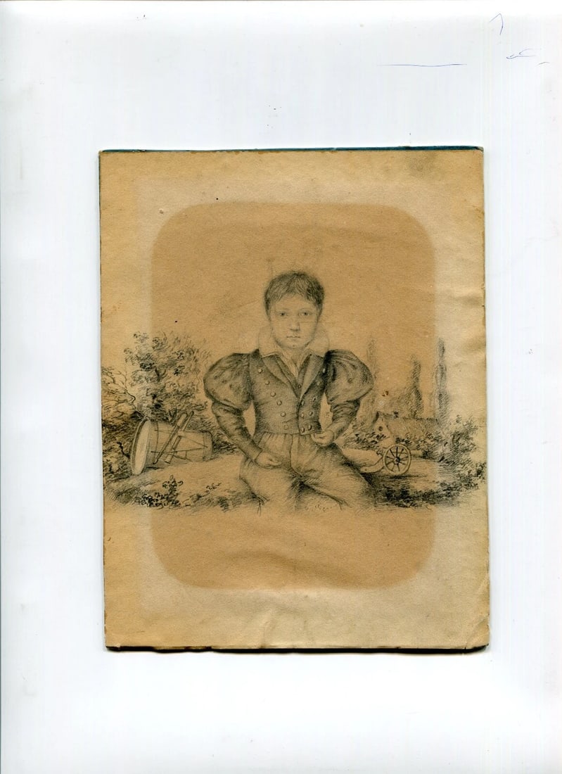 19th century Portrait, Young Boy, Landscape -Drawing Original Antique Pencil - 5
