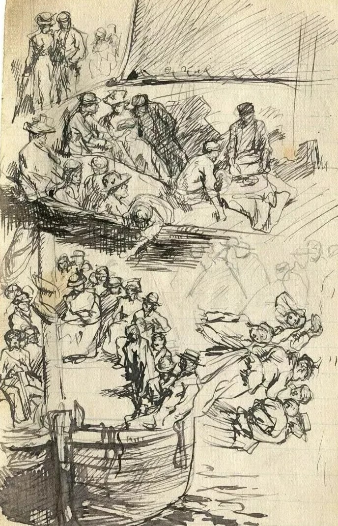 Boat, People, Sailors, Men - Drawing Antique Ink Original Sketches (1 of 9)