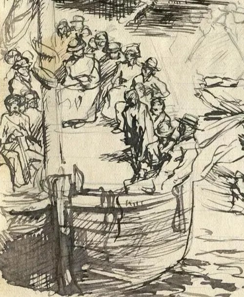 Boat, People, Sailors, Men - Drawing Antique Ink Original Sketches - 4