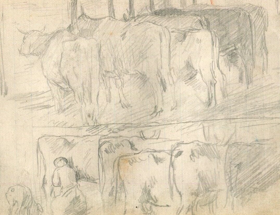 Animals, Cows, Farm, Cowshed - Drawing Antique Pencil Original: Pencil Drawing Original Animals, Cows, Farm, Cowshed Description: Ink on paper 9.5 x 15 cm folds, stains Reserve: $30.00 Shipping:Domestic: Flat-rate of $22.00 to anywhere within the
