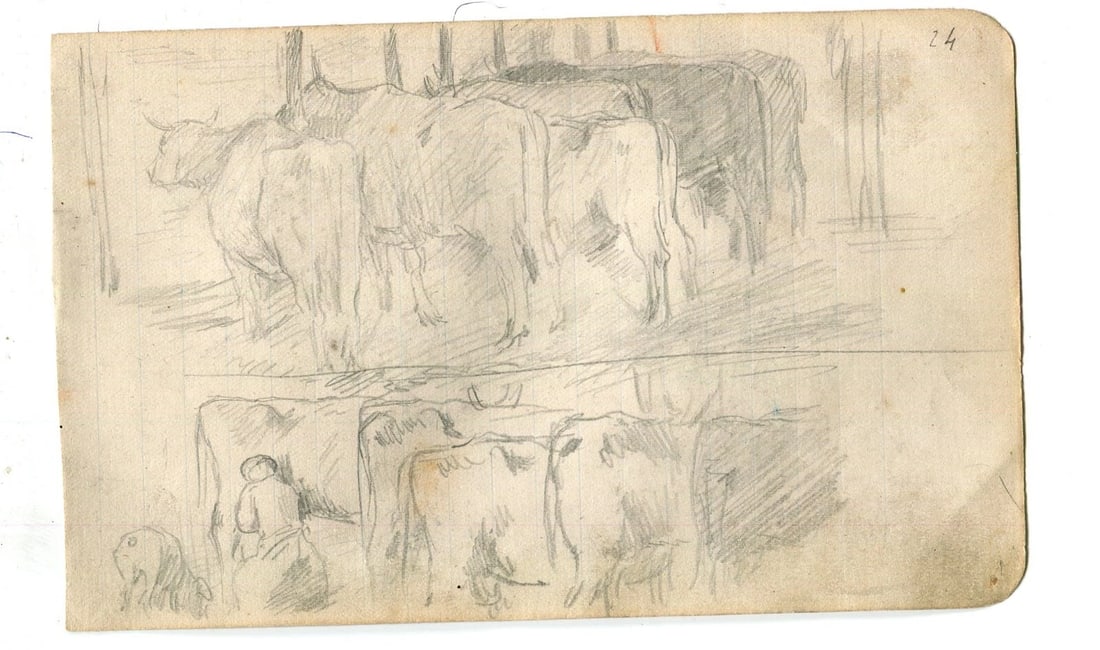 Animals, Cows, Farm, Cowshed - Drawing Antique Pencil Original - 3