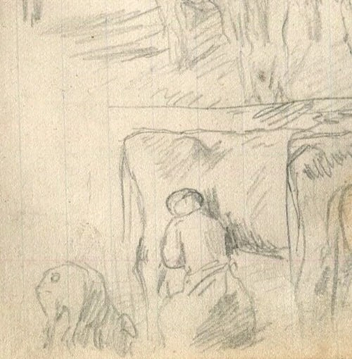 Animals, Cows, Farm, Cowshed - Drawing Antique Pencil Original - 5