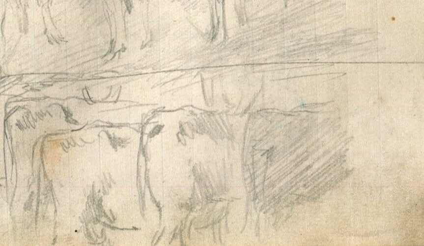 Animals, Cows, Farm, Cowshed - Drawing Antique Pencil Original - 7