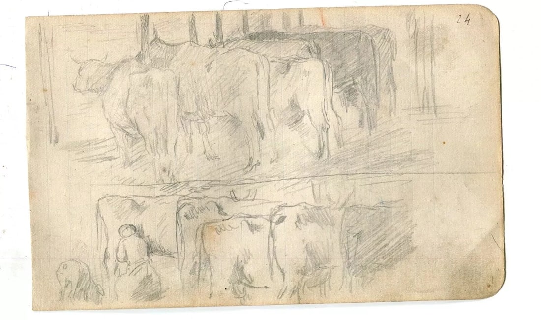 Animals, Cows, Farm, Cowshed - Drawing Antique Pencil Original - 9