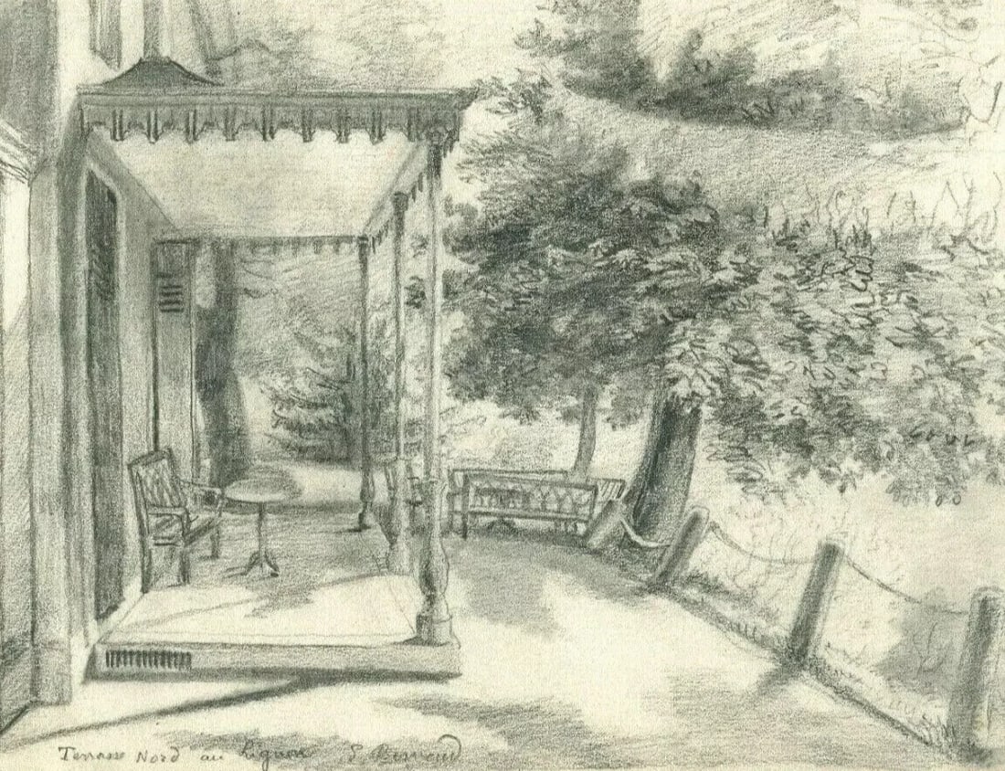 Antique Pencil Drawing Original Landscape Terrasse Nord in Lignon - 2