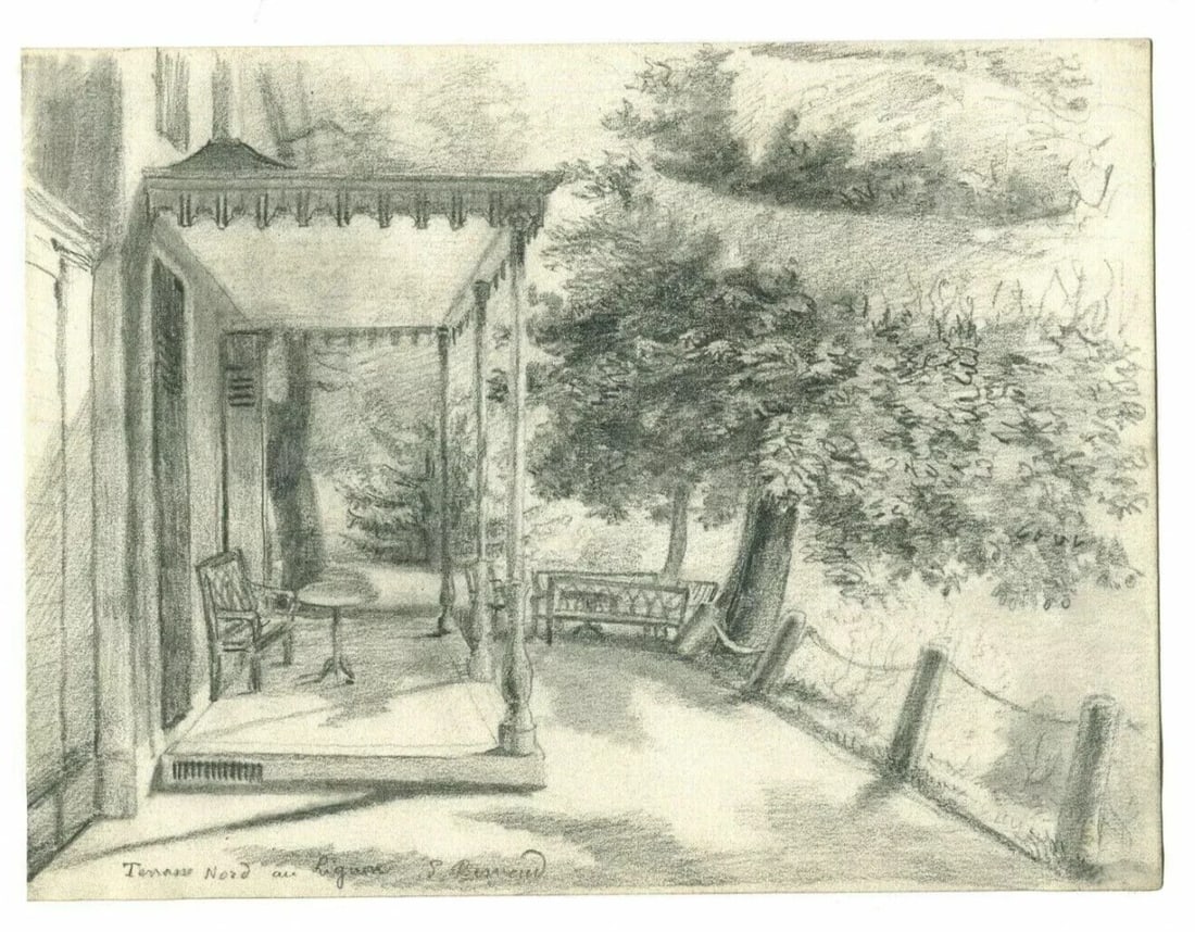 Antique Pencil Drawing Original Landscape Terrasse Nord in Lignon - 7