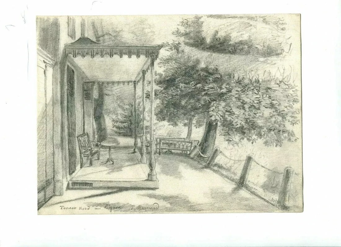 Antique Pencil Drawing Original Landscape Terrasse Nord in Lignon - 9