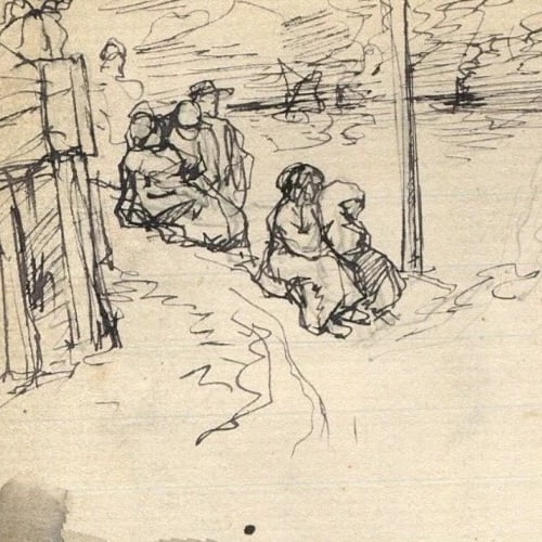 Antique Ink Original Drawing House, Church, Sketches, Characters - 2