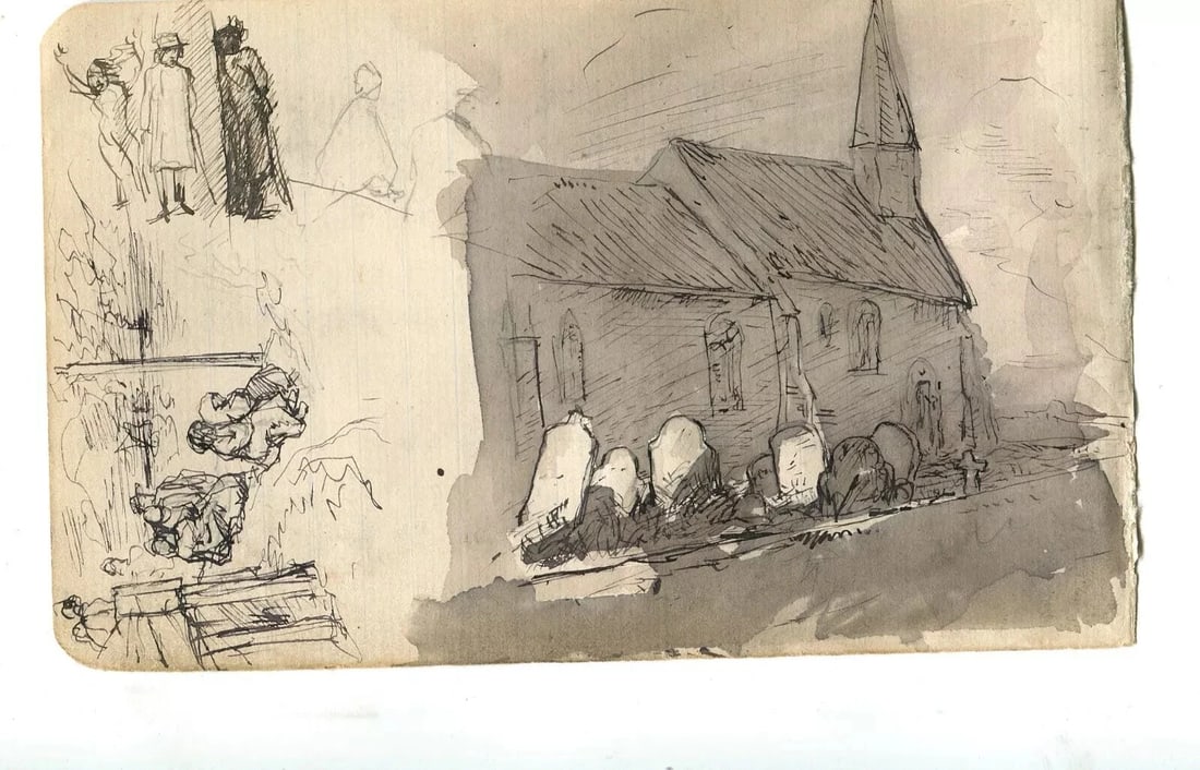 Antique Ink Original Drawing House, Church, Sketches, Characters - 5