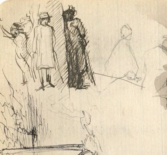 Antique Ink Original Drawing House, Church, Sketches, Characters - 6