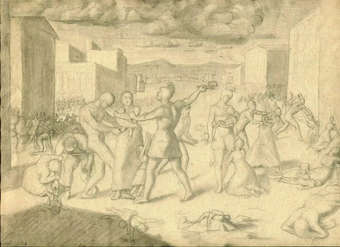 Antique Drawing 19th century Pencil Massacre of the Innocents 1834 Original - 3