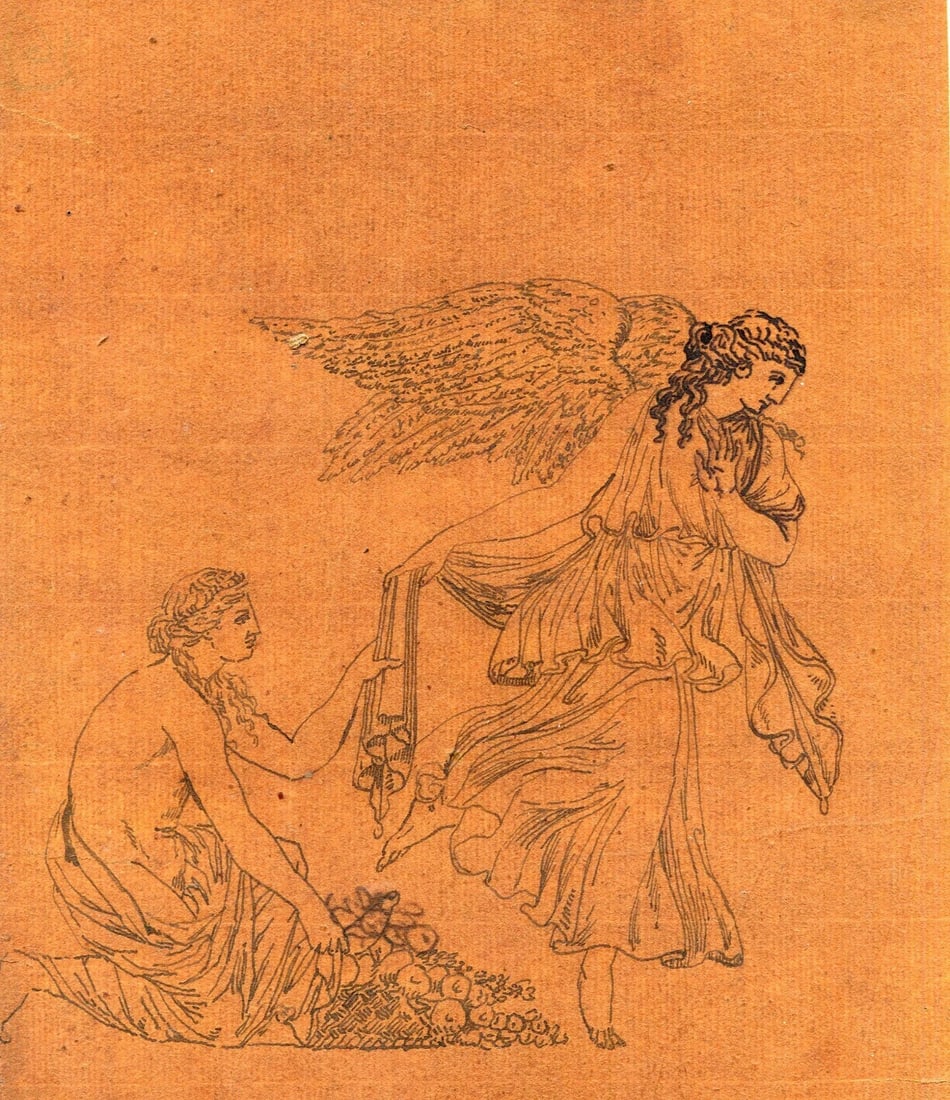 Antique Ink Drawing 19th Religious Scene Antiquity, Mythology, Angel, Greece (1 of 9)