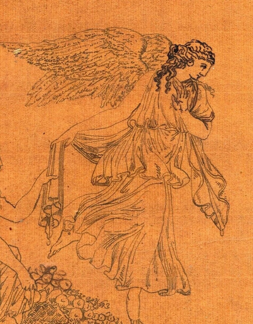 Antique Ink Drawing 19th Religious Scene Antiquity, Mythology, Angel, Greece - 3