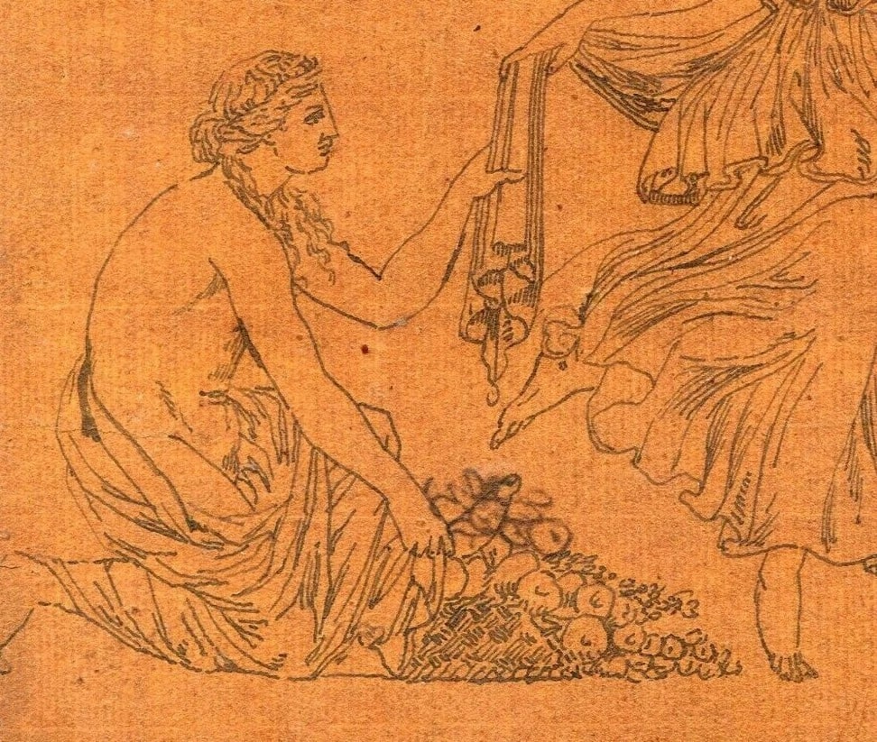 Antique Ink Drawing 19th Religious Scene Antiquity, Mythology, Angel, Greece - 4