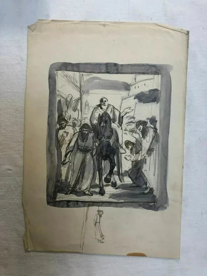 Man on Horse, Orientalist People Drawing Antique Ink Original Original - 7