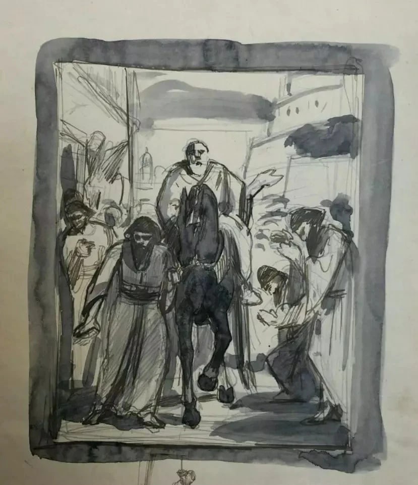 Man on Horse, Orientalist People Drawing Antique Ink Original Original - 8