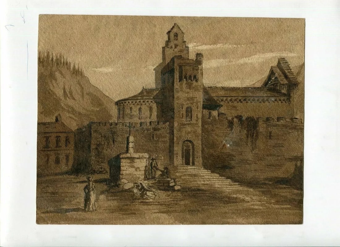 19th century Castle Landscape, People - Drawing Antique Ink Original - 3