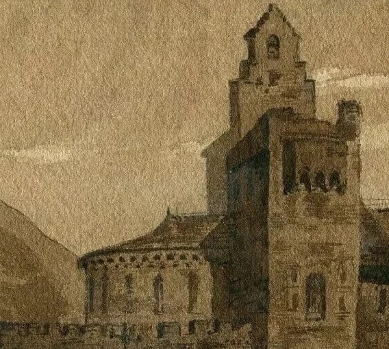 19th century Castle Landscape, People - Drawing Antique Ink Original - 6