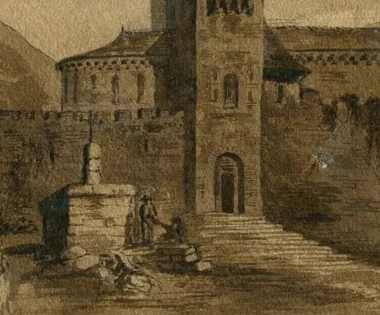 19th century Castle Landscape, People - Drawing Antique Ink Original - 7