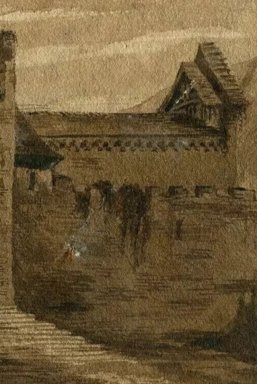 19th century Castle Landscape, People - Drawing Antique Ink Original - 8