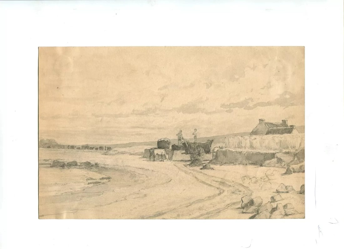 SeaLandscape Animals Figures Drawing Antique Pencil Original Artwork - 8