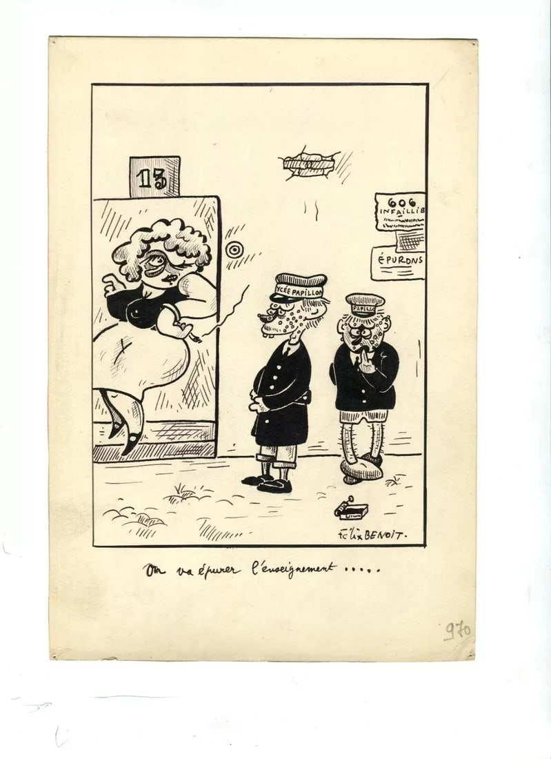 Vintage Ink Drawing Original Signed Genre Scene, Caricature, Prostitute Figure - 9