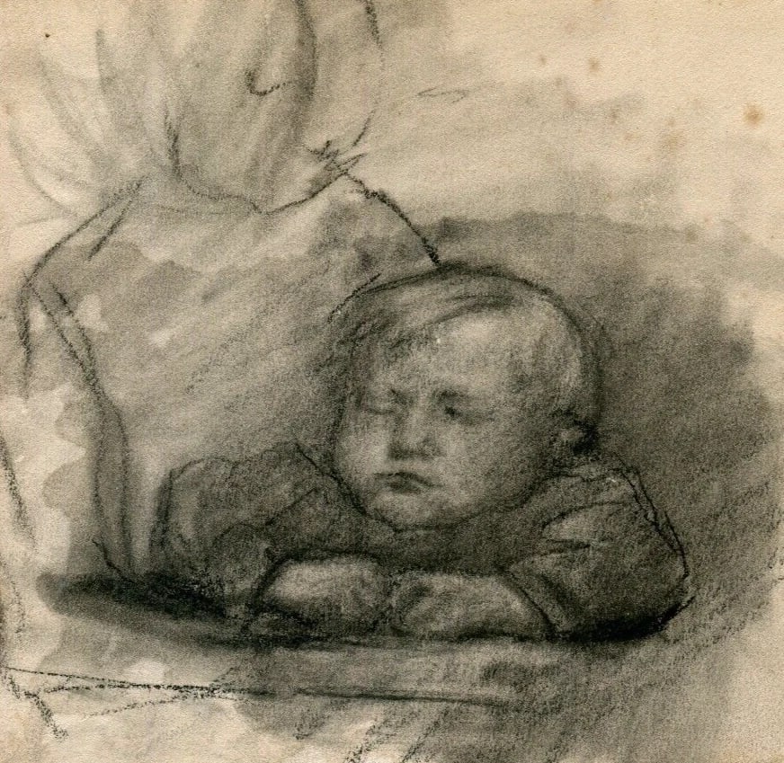 19th century Child Mother Portrait 1878 - Drawing Antique Charcoal Original (1 of 9)