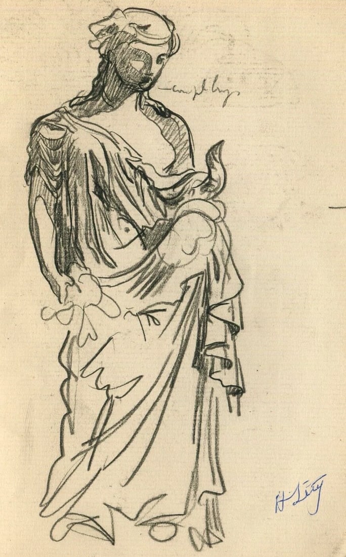 Antique Pencil Drawing Original signed Portrait Sculpture Antique Figure (1 of 9)