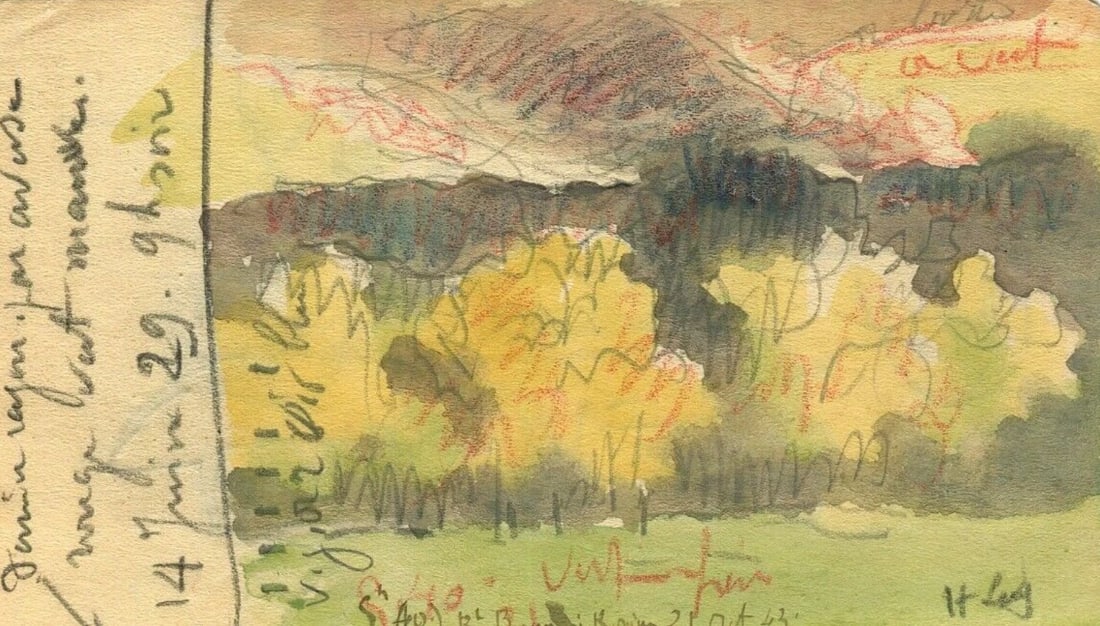 Vintage Drawing Original Landscape, Bush, Spring, Tree Original Signed (1 of 9)