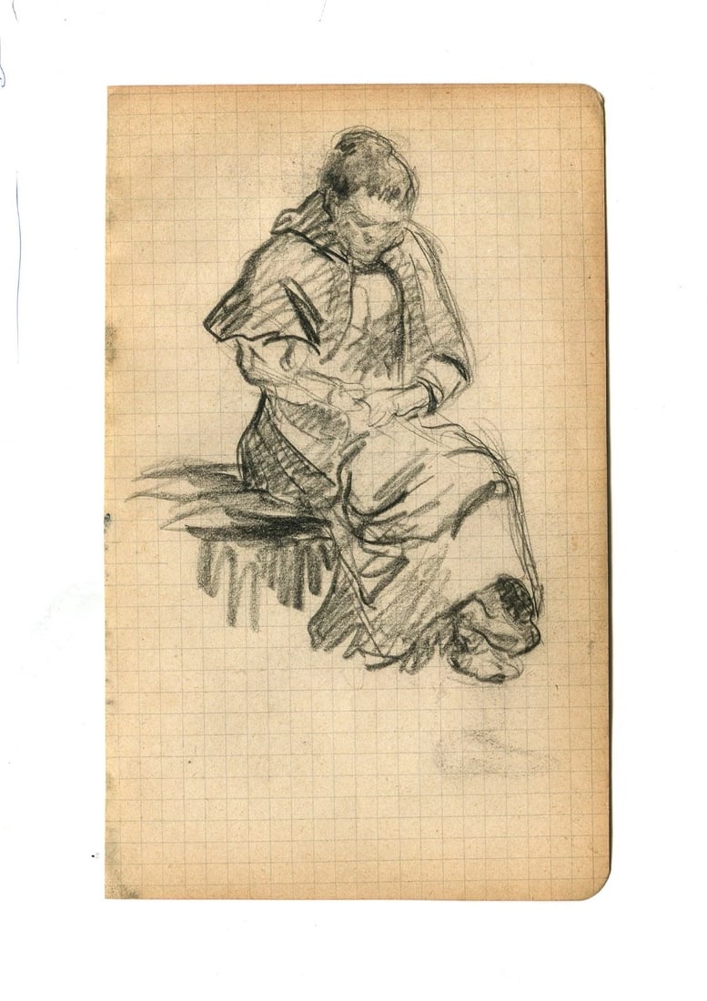 Vintage Pencil Drawing Original signed Woman Portrait, Figure - 3
