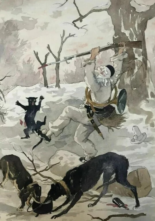 Drawing Harlequin, Dogs, Hunting - Antique Vintage Original: Antique Vintage Drawing Harlequin, Dogs, Hunting Description: Watercolor on paper 36 x 26 cm stains, folds Reserve: $50.00 Shipping: Domestic: Flat-rate of $22.00 to anywhere within the cont