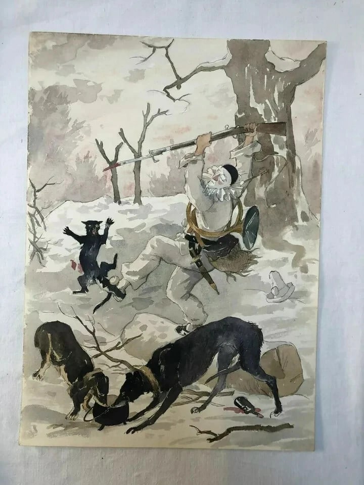 Drawing Harlequin, Dogs, Hunting - Antique Vintage Original - 4