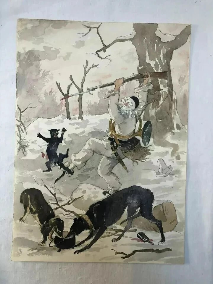 Drawing Harlequin, Dogs, Hunting - Antique Vintage Original - 9