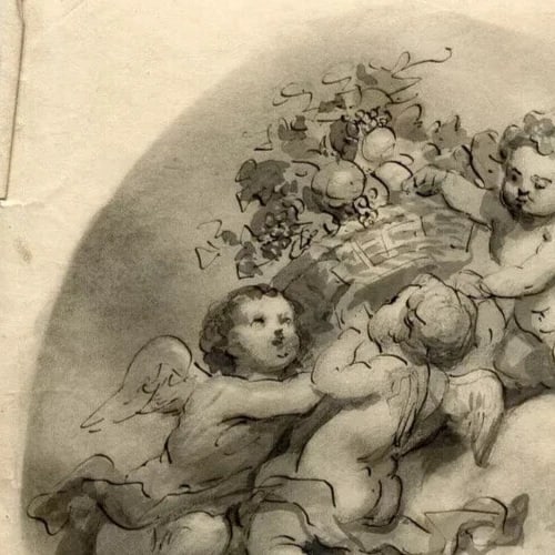 Antique Etching Angels in the Sky with Fruits after Fragonnard? - 5