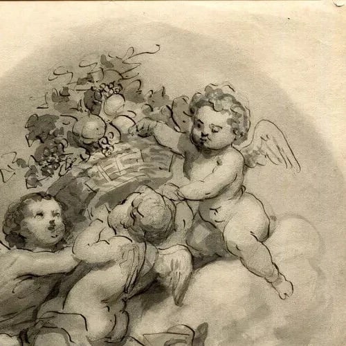 Antique Etching Angels in the Sky with Fruits after Fragonnard? - 8