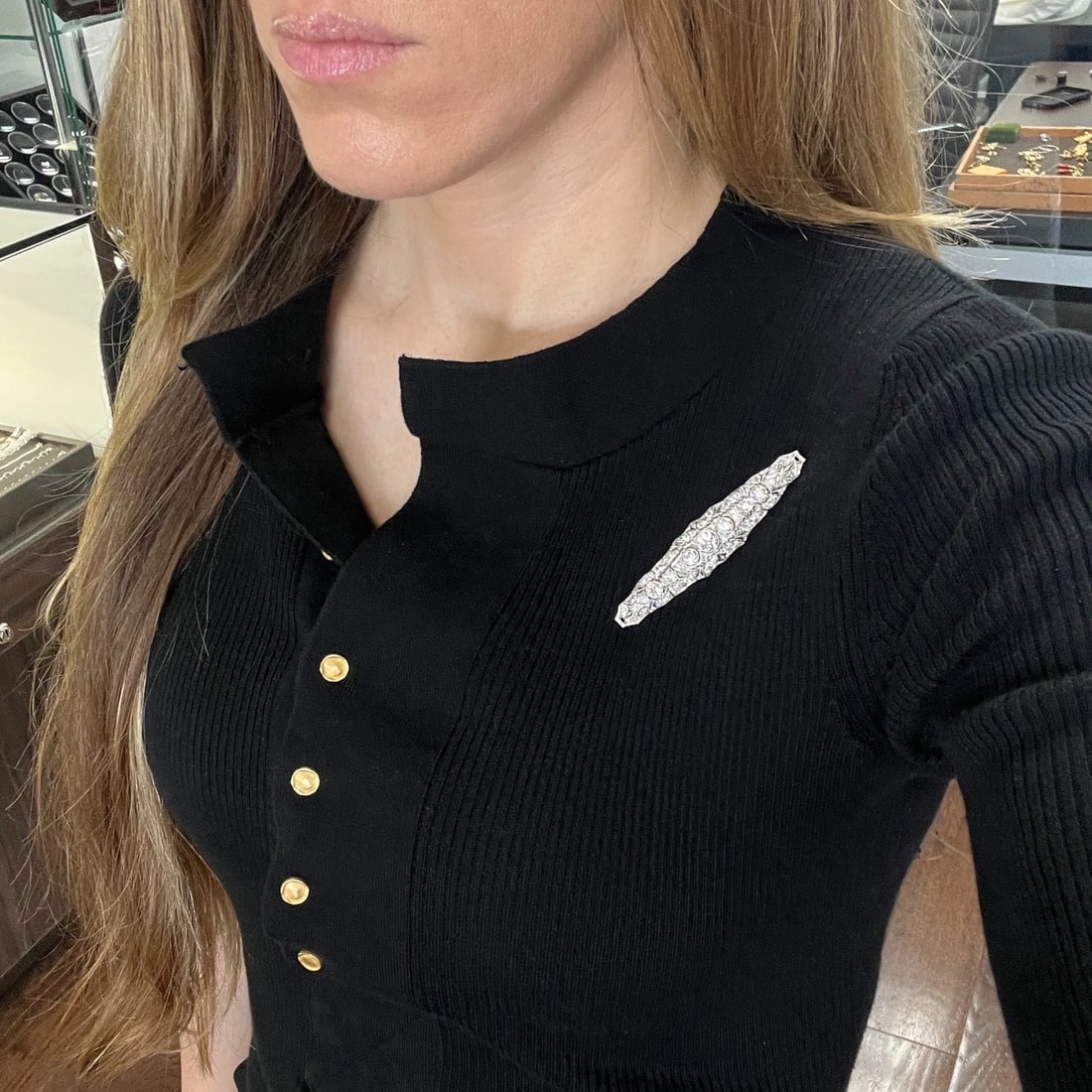 Antique Edwardian Long Filigree Diamond Brooch Pin Platinum, 10.23 Grams - 4