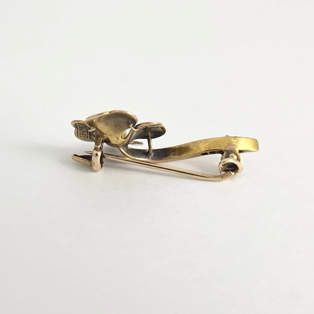 Antique Art Nouveau Pearl Diamond Clover Flower Brooch 14K Yellow Gold, 3.17 Gr - 6