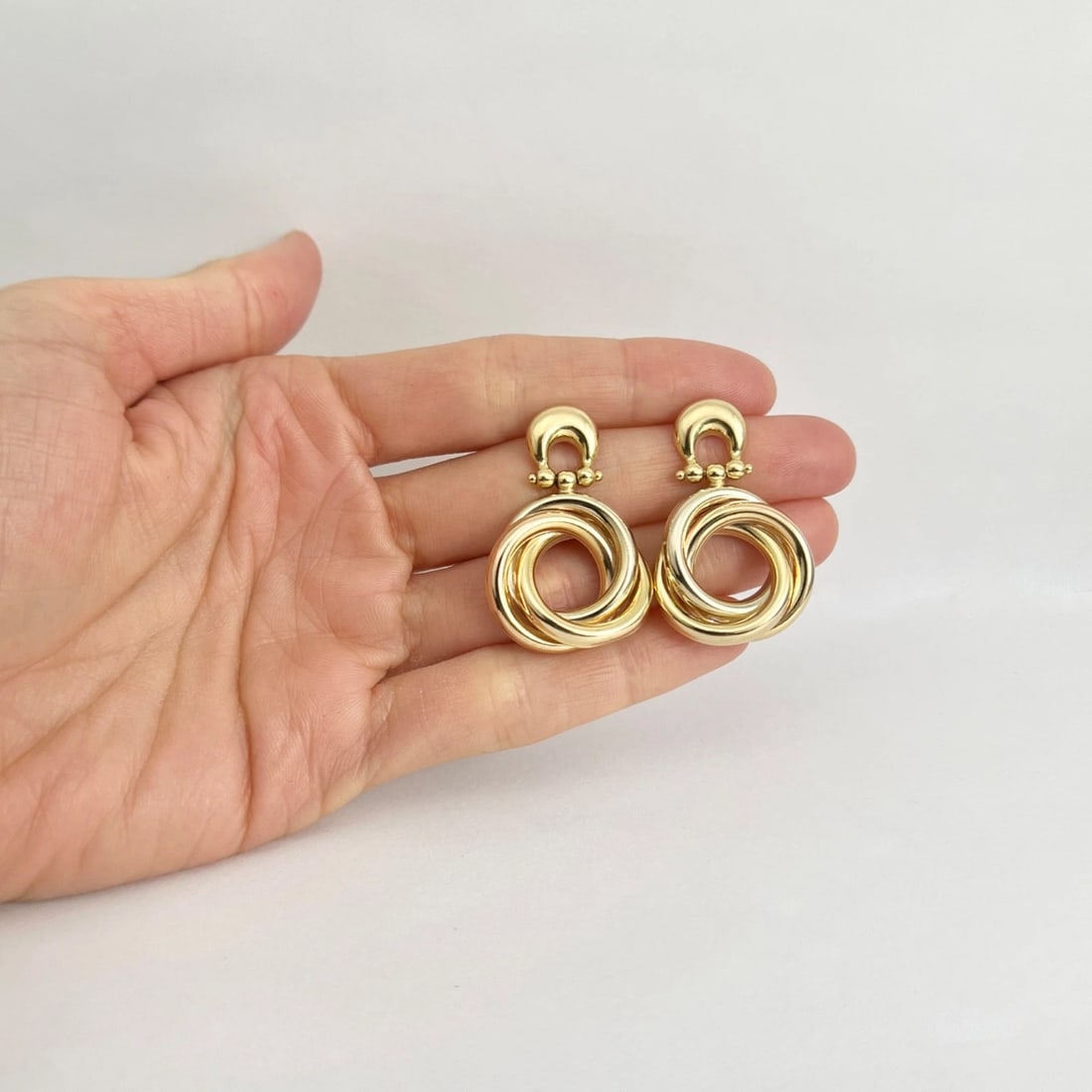 Vintage 1960's Tri-Color Knot Door Knocker Drop Earrings 18K Yellow Gold 9.88 Gr - 2