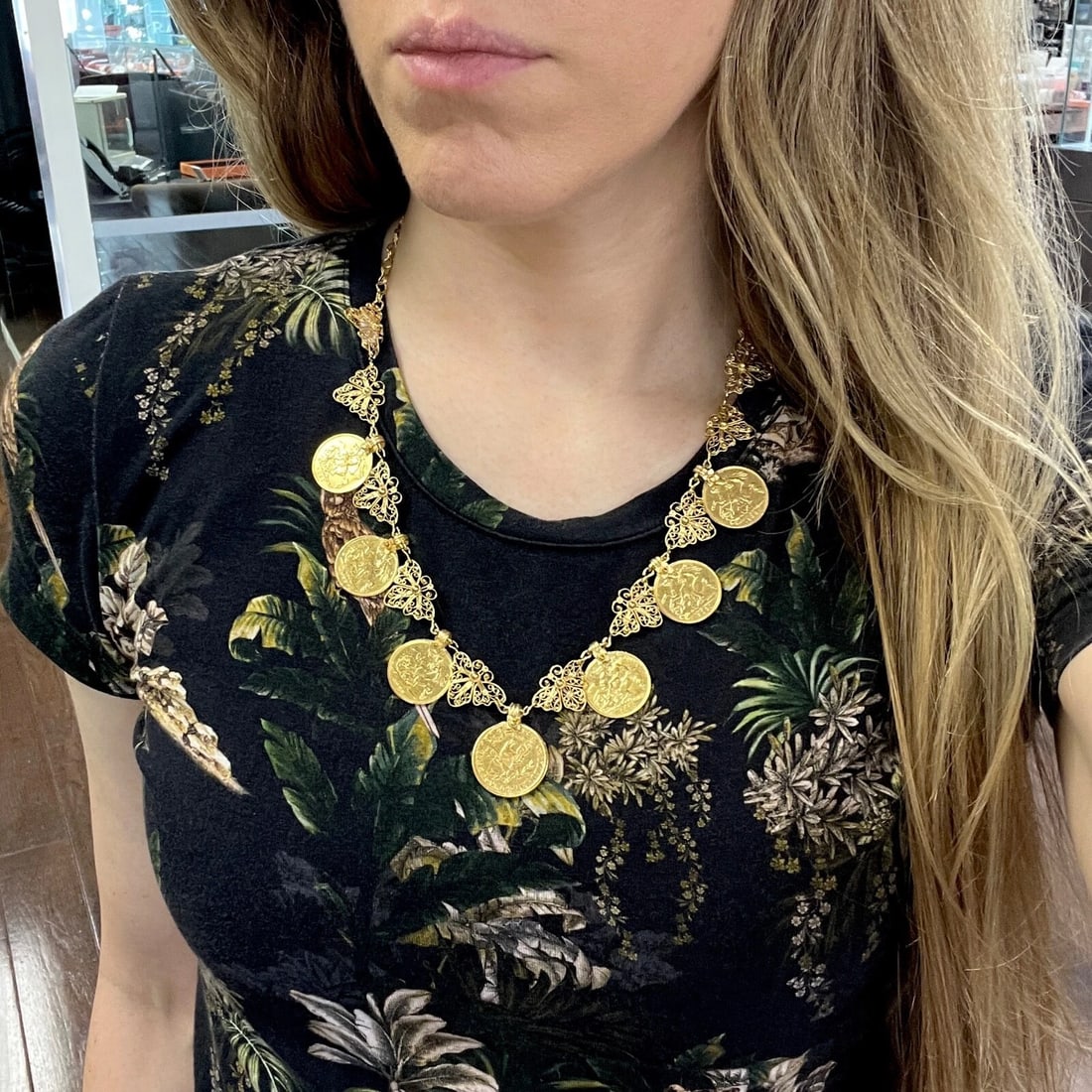 Vintage Antique Coin Butterfly Chain Necklace 22K Yellow Gold, 52.56 Grams - 4