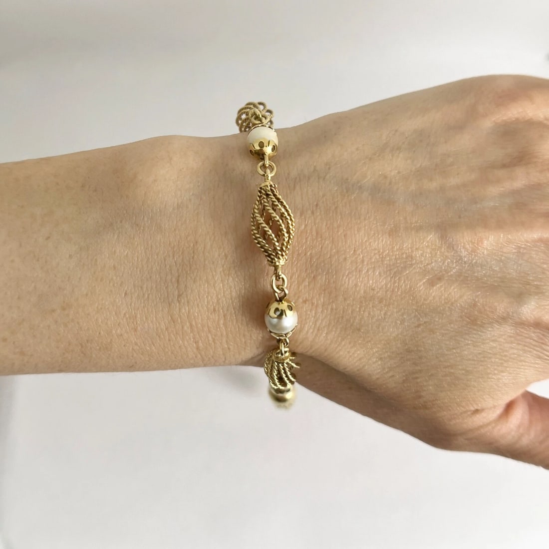Vintage Pearl Spindle Tassel Chain Bracelet 14K Yellow Gold, 8 Inches, 16.73 Gr - 4