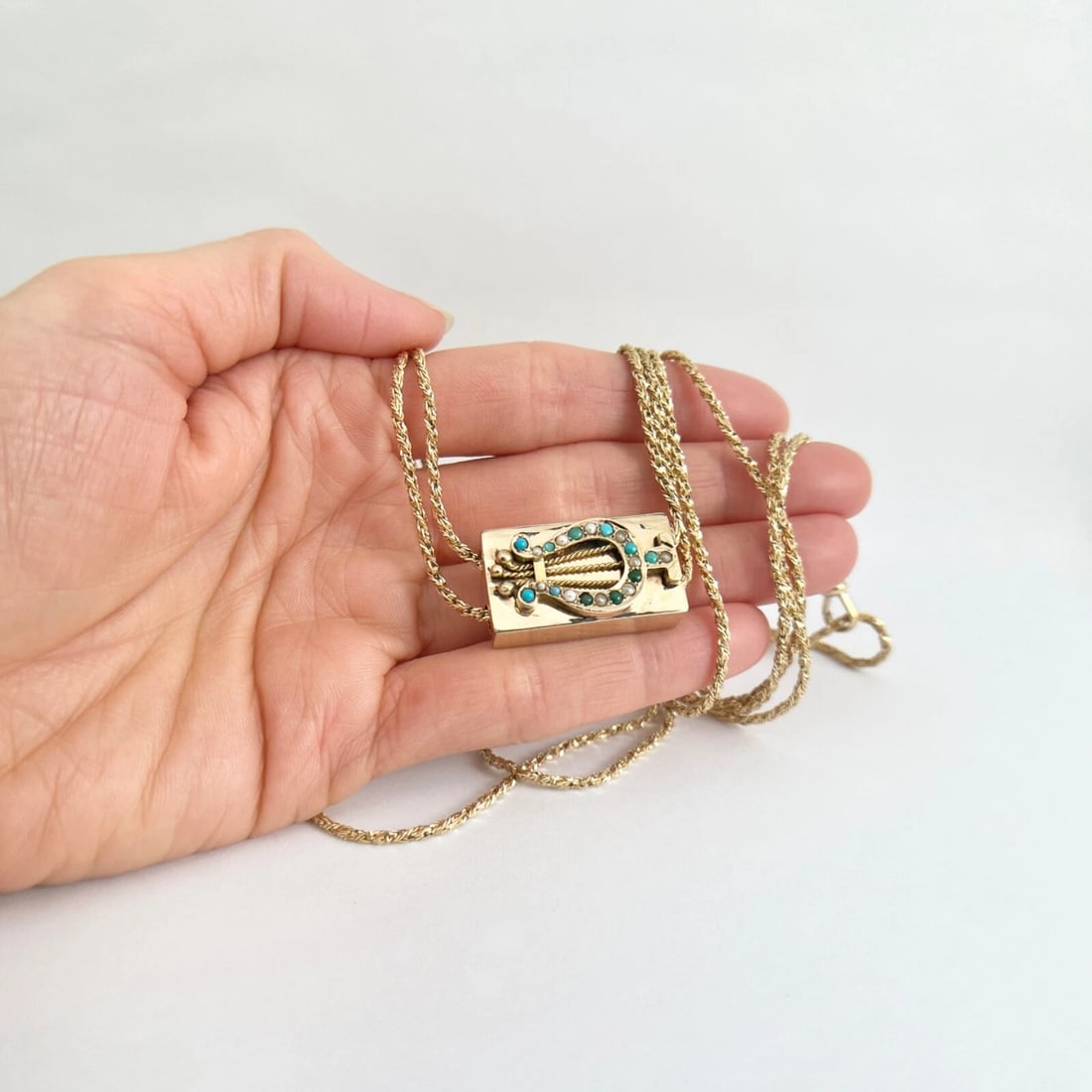 Antique Victorian Lyre Turquoise Seed Pearl Necklace 14K Yellow Gold, 26.58 Gram - 4