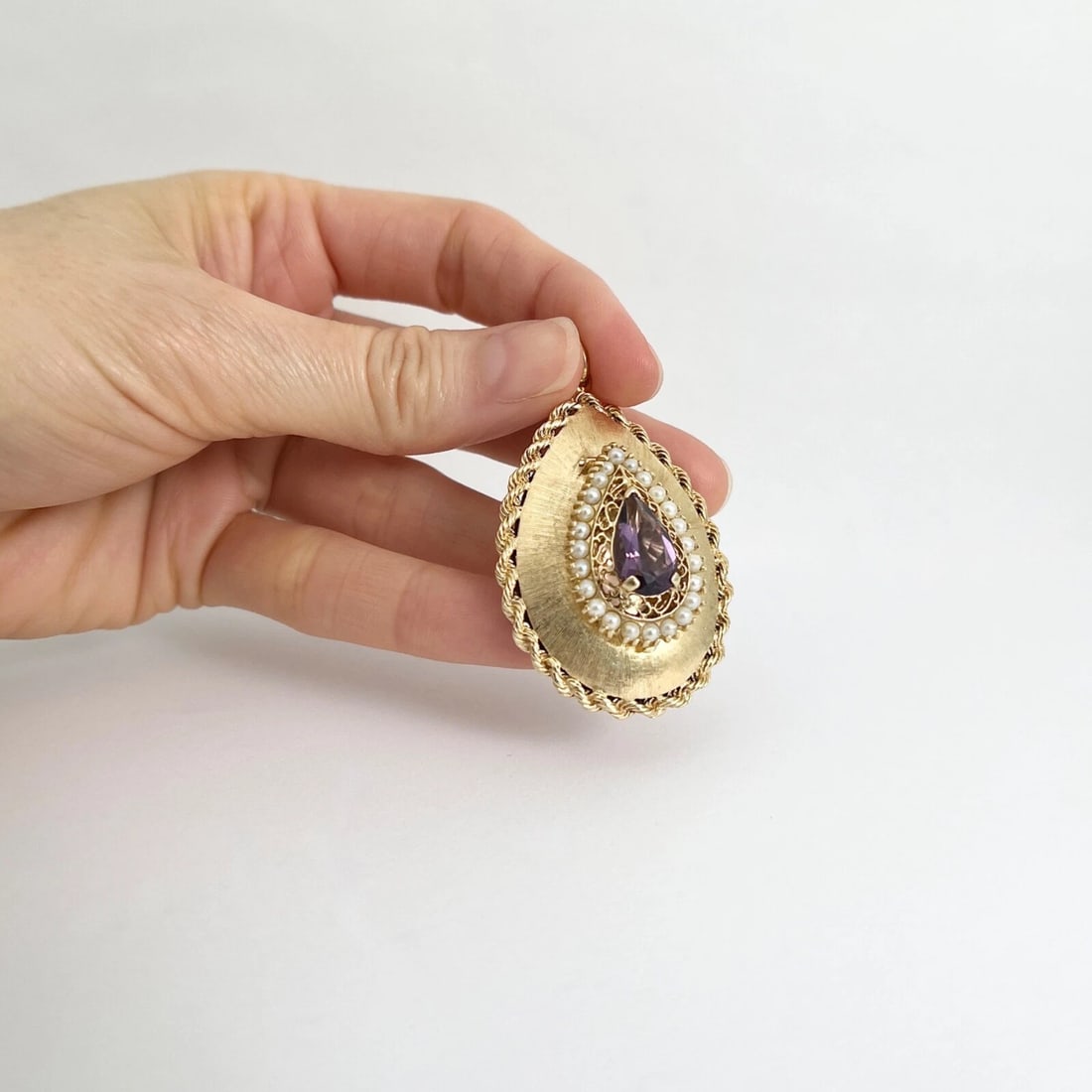 Vintage Purple Amethyst Pearl Teardrop Locket Pendant 14K Yellow Gold, 19.79 Gr - 2