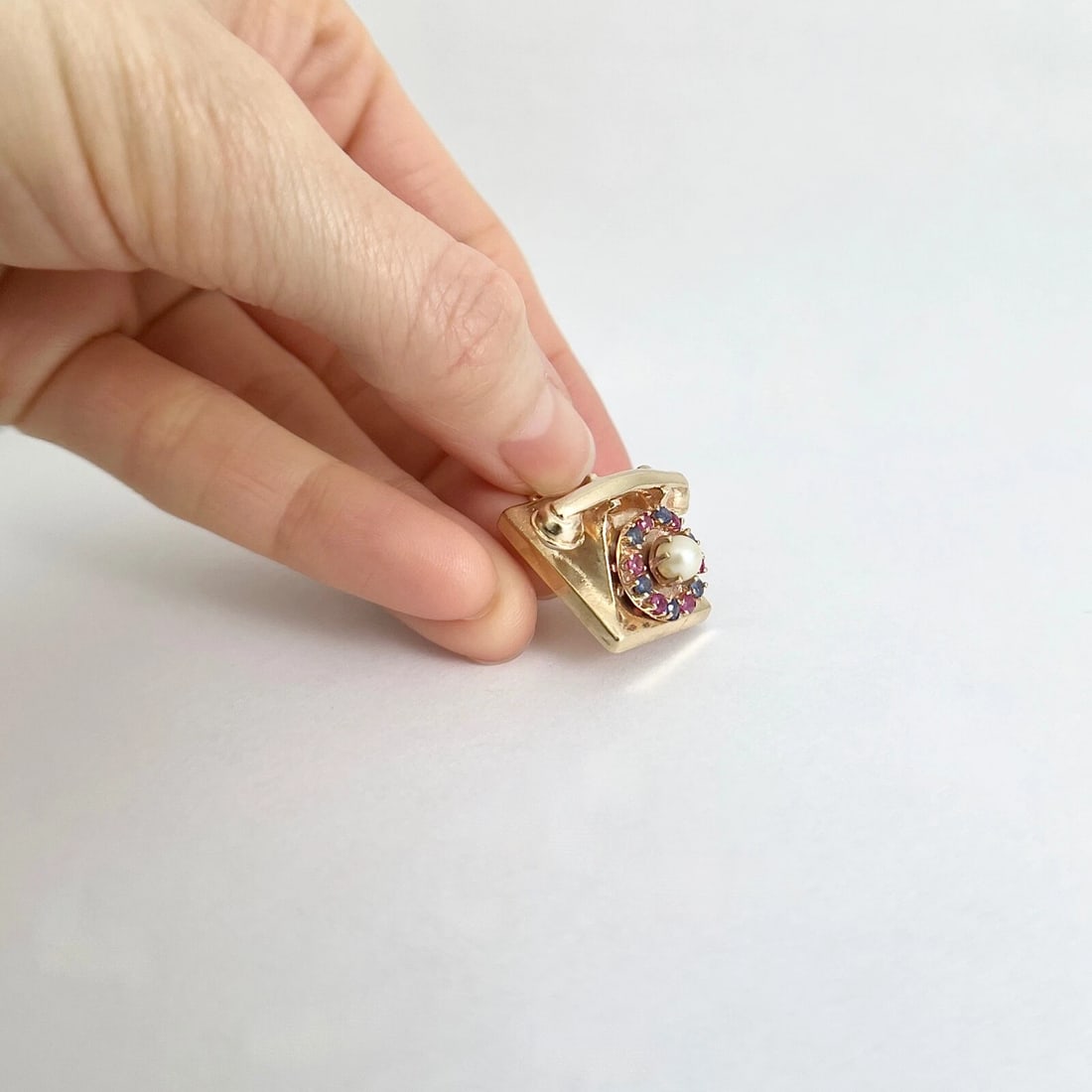 Vintage 1950's Pearl Ruby Sapphire Telephone Charm 14K Yellow Gold, 10.64 Grams - 4