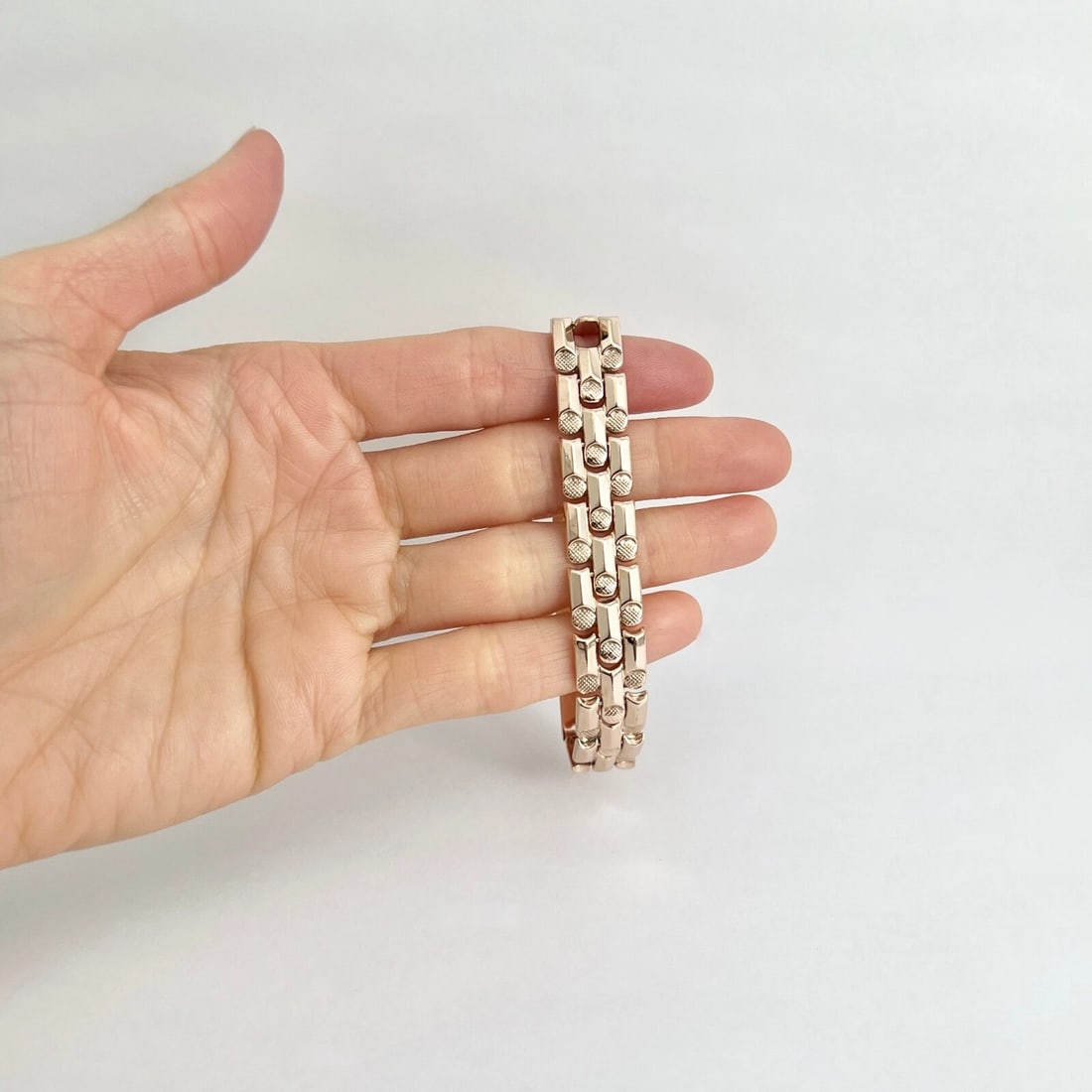 Vintage 1940's 1950's Retro Flat Link Bracelet 14K Rose Gold, 16.84 Grams - 2